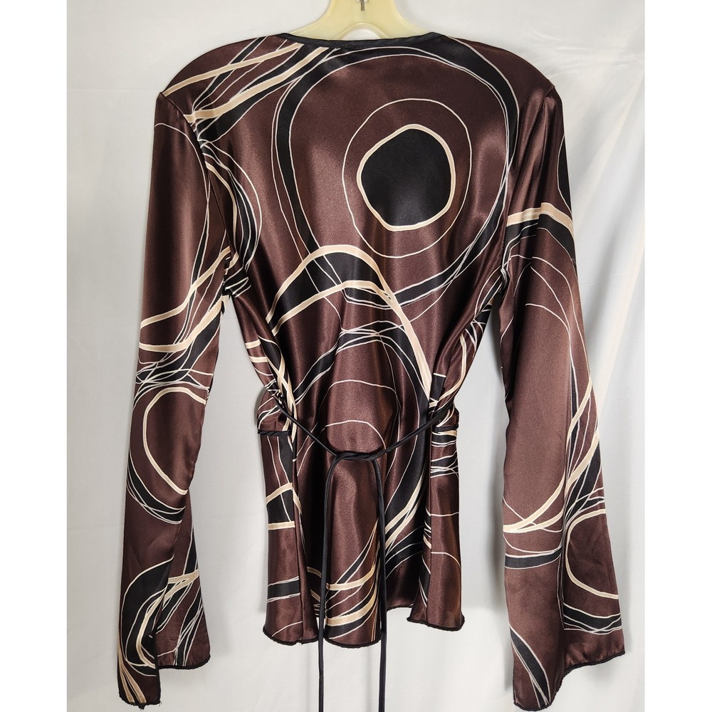 VTG Studio Y Brown Satin Wrap Blouse Y2K 90s Indie Retro Loose Sleeve Top M/L* - Picture 4 of 12